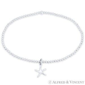 Starfish Sealife Animal Charm Ball Bead Stretch Bracelet in .925 Sterling Silver